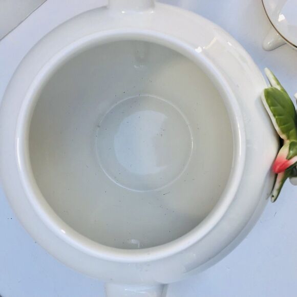 Teleflora Gift Peach Rose vintage Teapot Porcelain white with Gold Trim - Picture 6 of 9